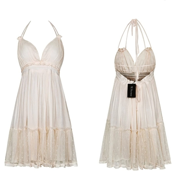 Womens Summer Halter Deep V Neck Patchwork Dress - Picture 2 of 8